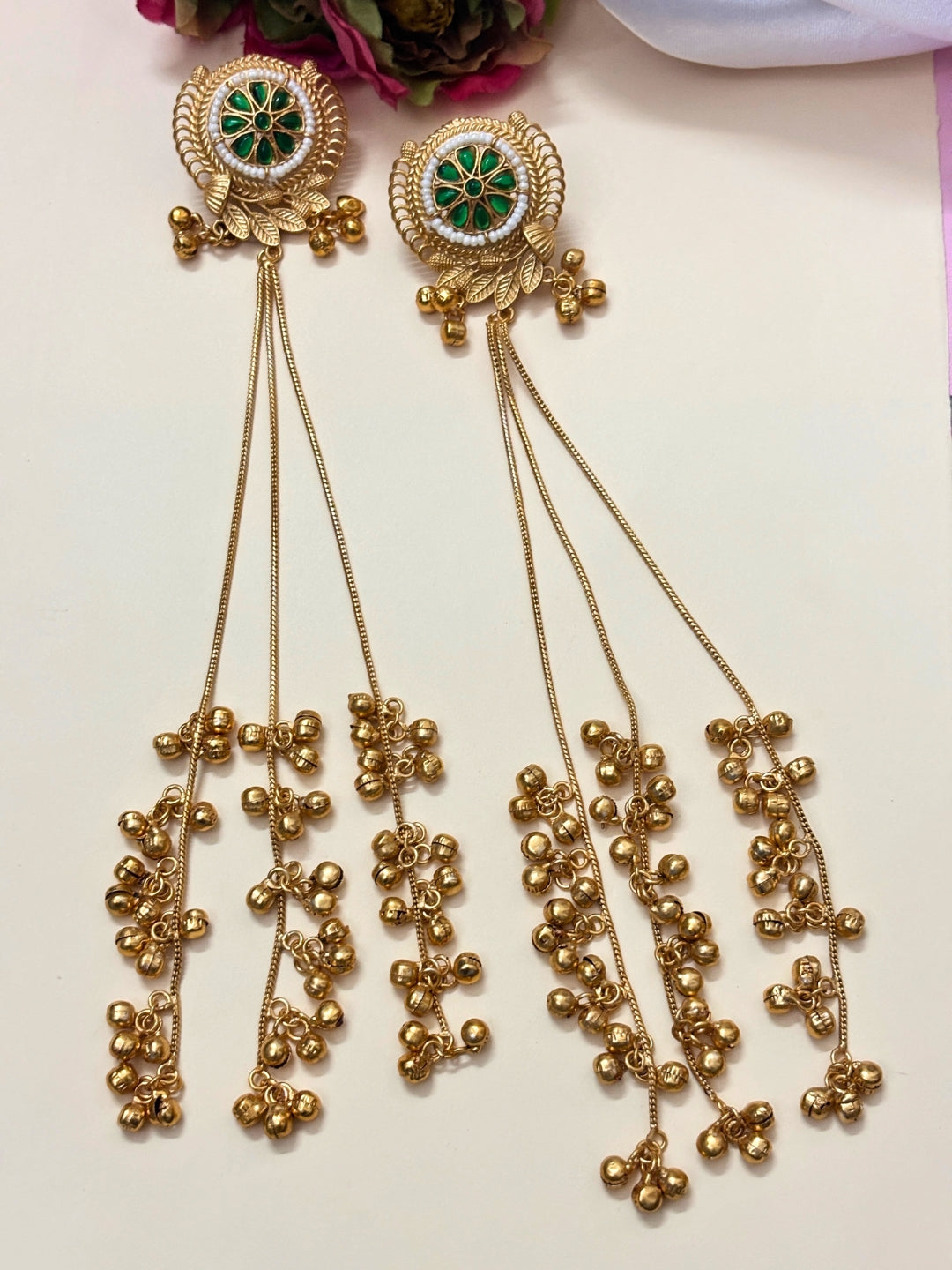 VIVAZS Kashmiri Long Drop Earrings (Green)