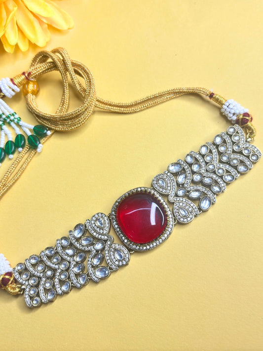 VIVAZS Red Kundan-Studded Cubic Zirconia Golden Necklace Set