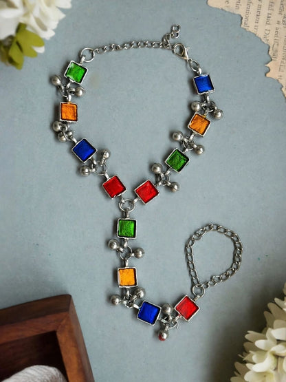 Oxidised Silver-Plated Multicolour Square Stone Haath Phool Hand Harness Bracelet