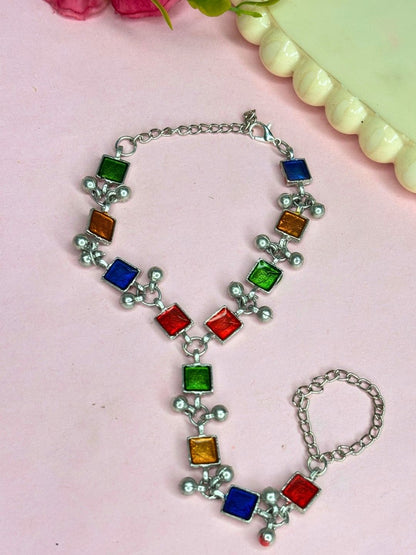 Oxidised Silver-Plated Multicolour Square Stone Haath Phool Hand Harness Bracelet