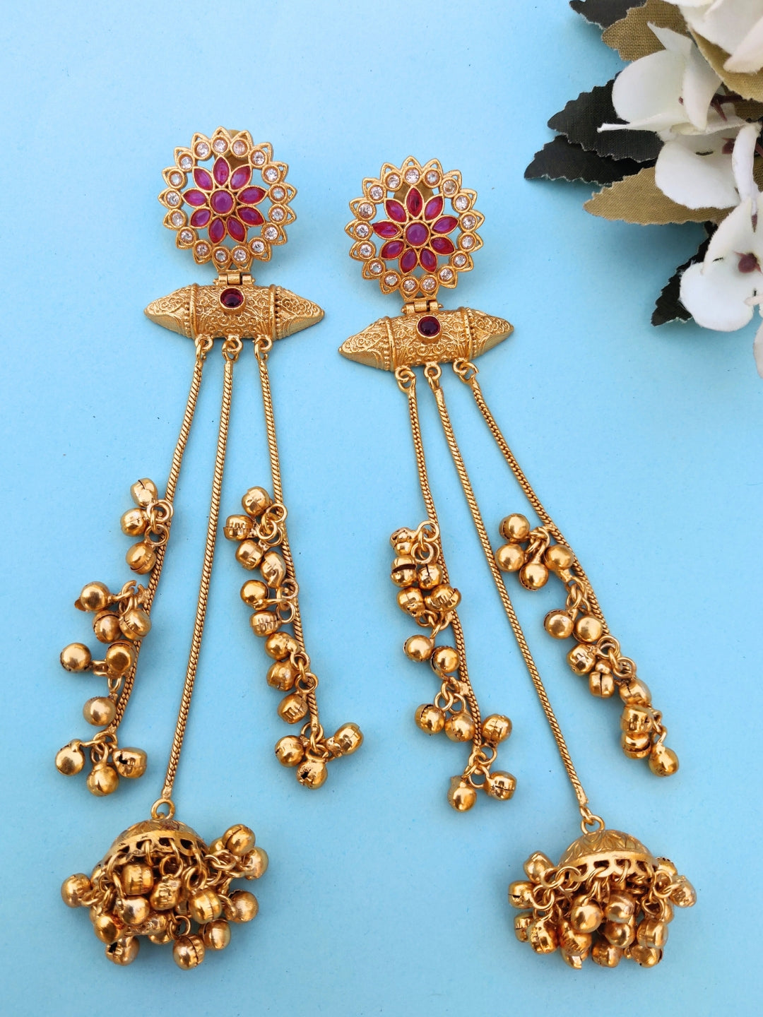 VIVAZS Kashmiri Long Drop Earrings (Pink)