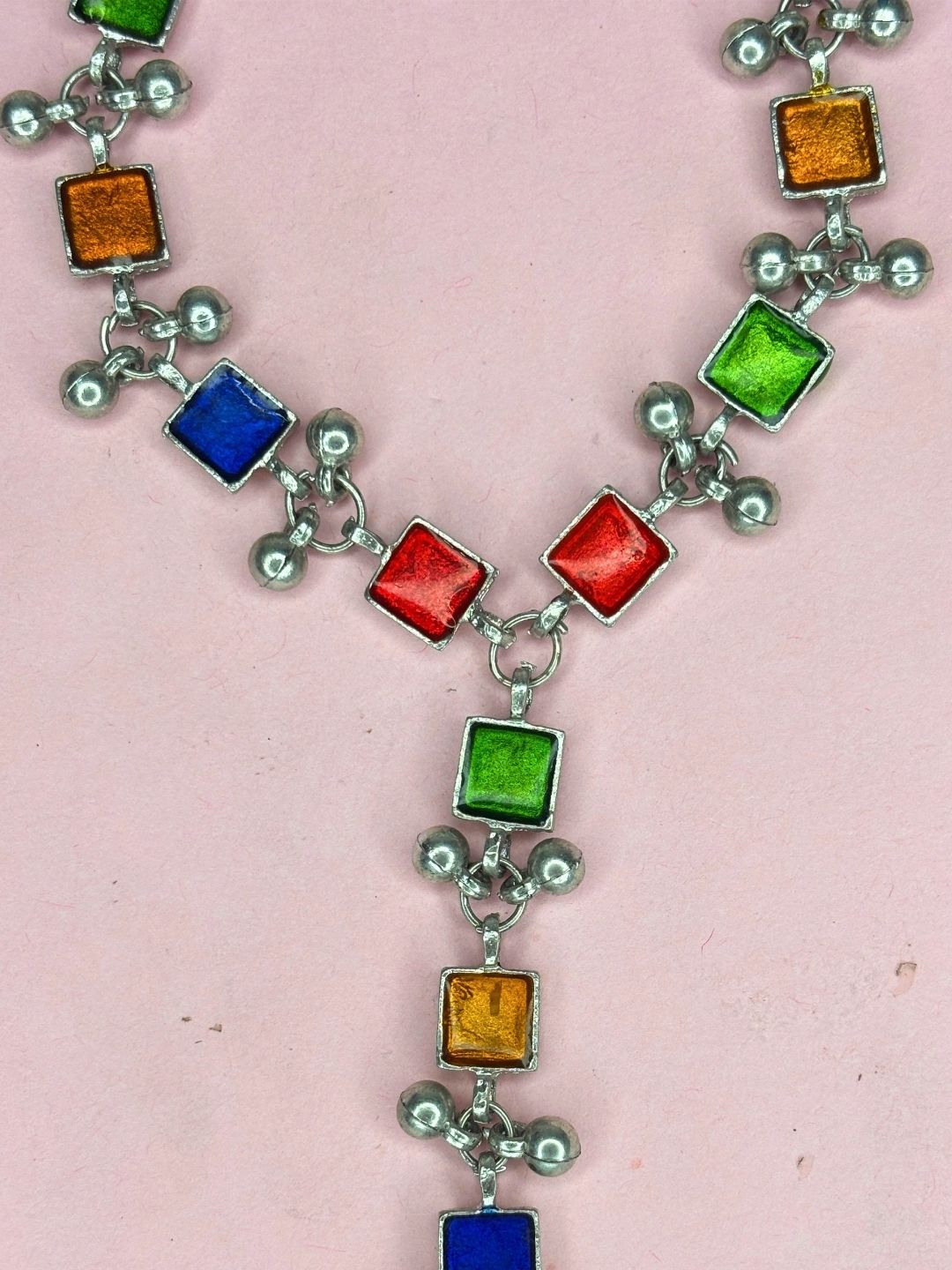 Oxidised Silver-Plated Multicolour Square Stone Haath Phool Hand Harness Bracelet