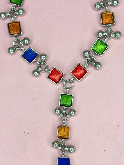 Oxidised Silver-Plated Multicolour Square Stone Haath Phool Hand Harness Bracelet