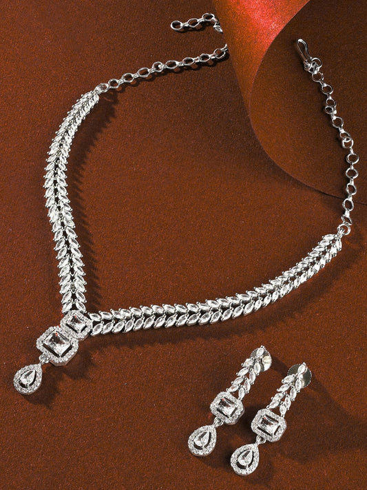 Rhodium-Plated AD & Cubic Zirconia Studded Necklace Set