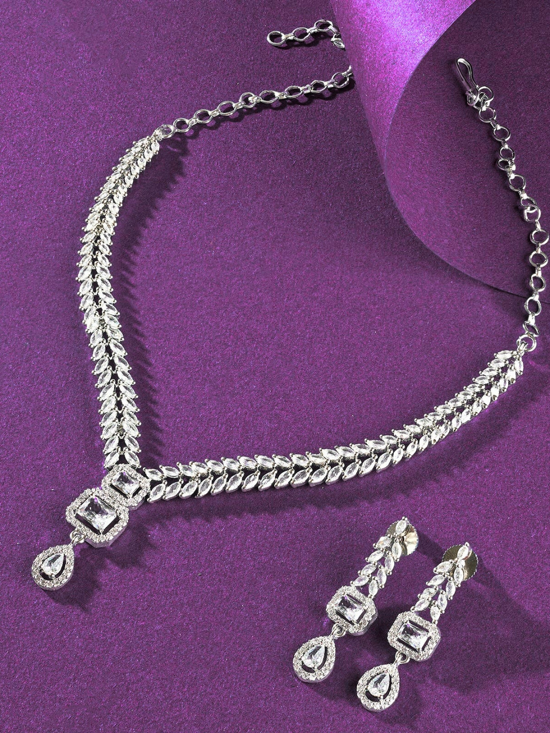 Rhodium-Plated AD & Cubic Zirconia Studded Necklace Set