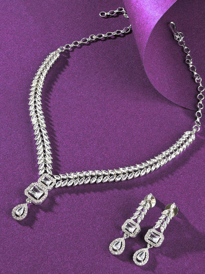 Rhodium-Plated AD & Cubic Zirconia Studded Necklace Set