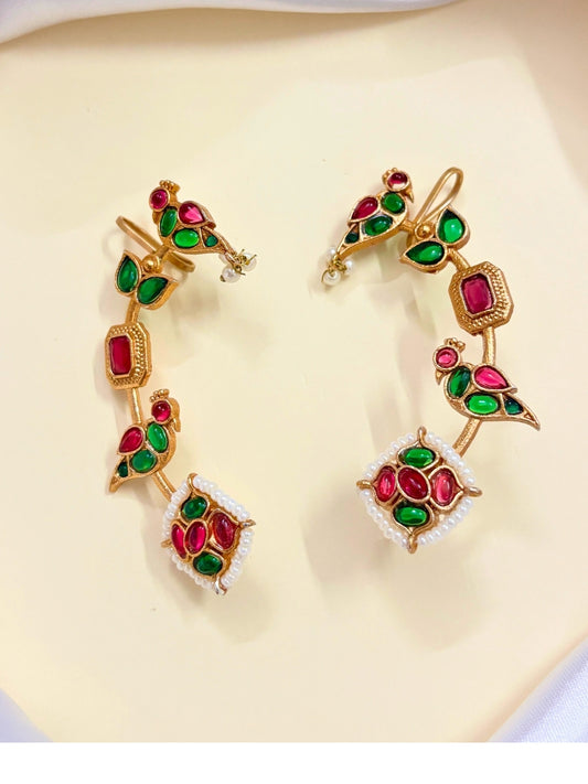 VIVAZS Gold Plated Contemporary Ear Cuff Earrings (Green and Pink)