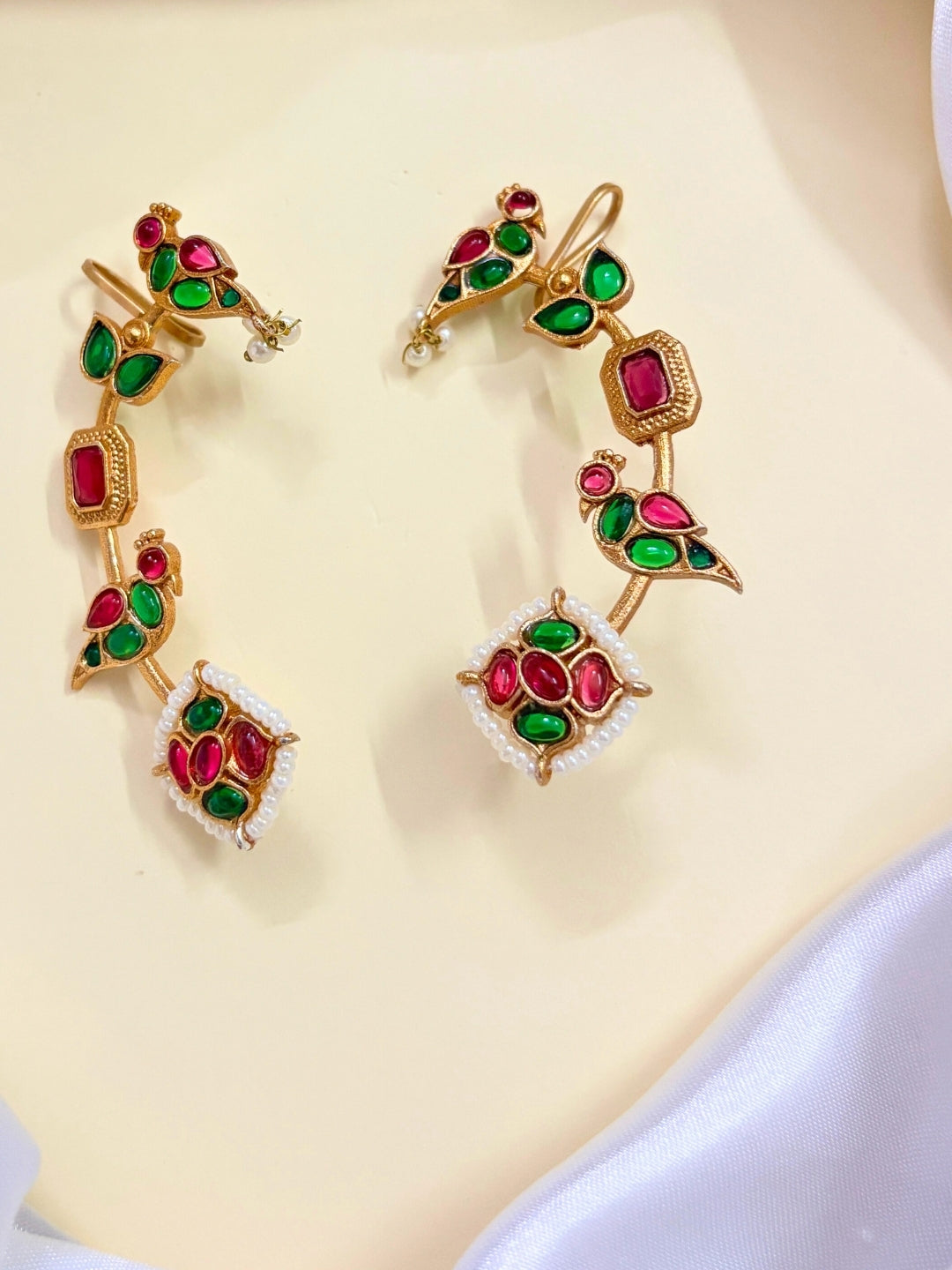 VIVAZS Gold Plated Contemporary Ear Cuff Earrings (Green and Pink)