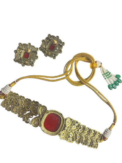 VIVAZS Red Kundan-Studded Cubic Zirconia Golden Necklace Set