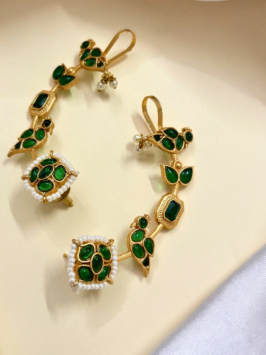 VIVAZS Gold Plated Contemporary Ear Cuff Earrings (Green)