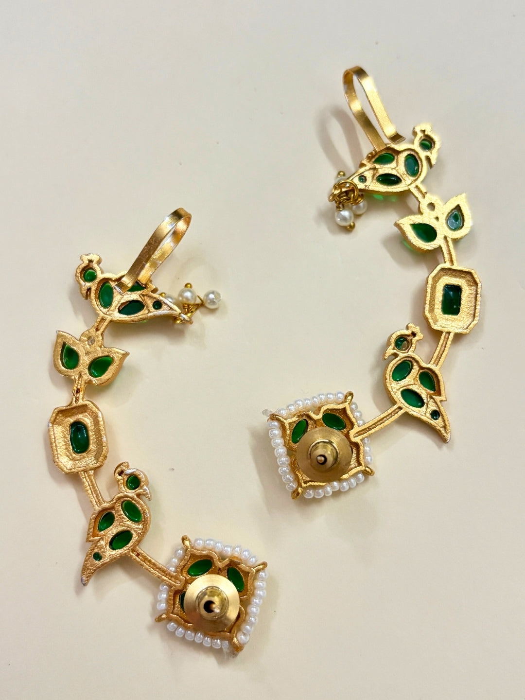 VIVAZS Gold Plated Contemporary Ear Cuff Earrings (Green)