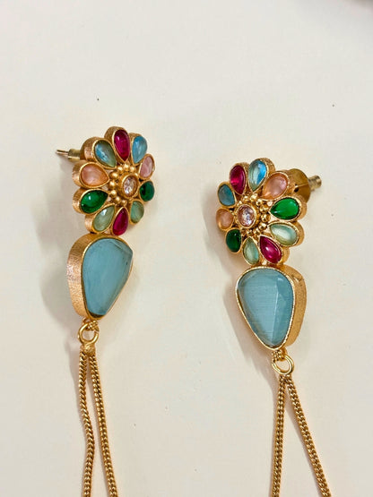 VIVAZS Kashmiri Long Drop Floral Earrings (Sky Blue)