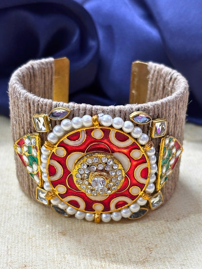 VIVAZS Golden and Red Kundan Adjustable Jute Bracelet
