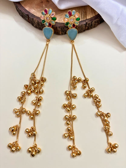 VIVAZS Kashmiri Long Drop Floral Earrings (Sky Blue)
