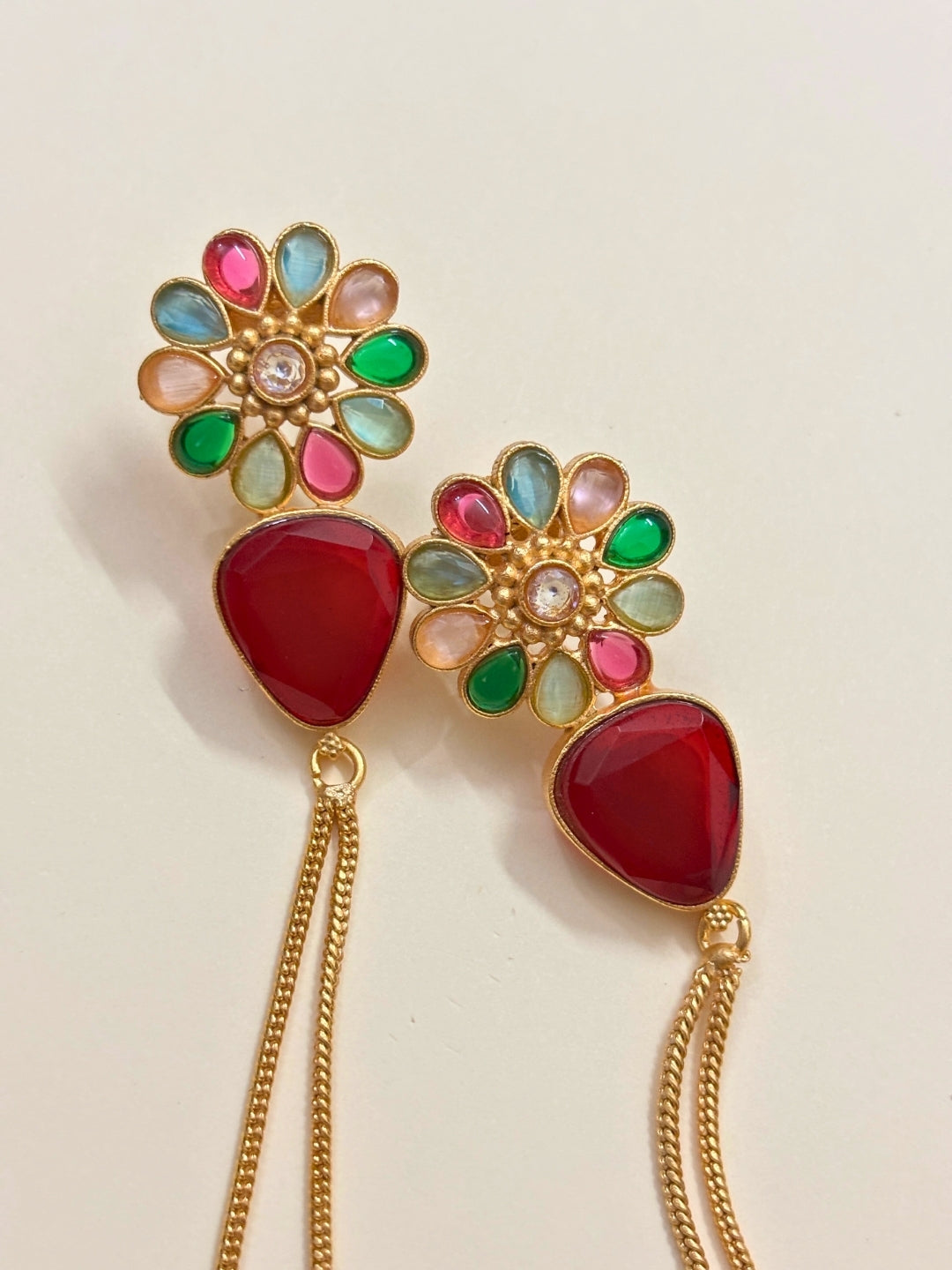 VIVAZS Kashmiri Long Drop Floral Earrings (Red)