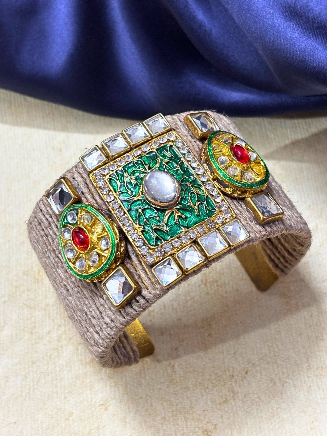 VIVAZS Golden and Red Kundan Adjustable Jute Bracelet