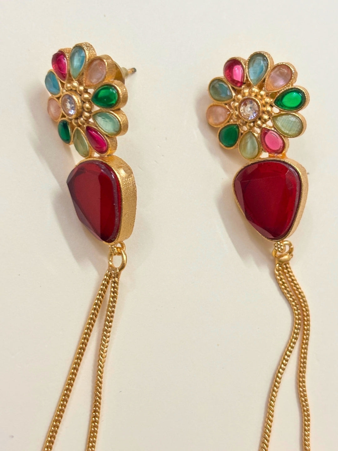 VIVAZS Kashmiri Long Drop Floral Earrings (Red)
