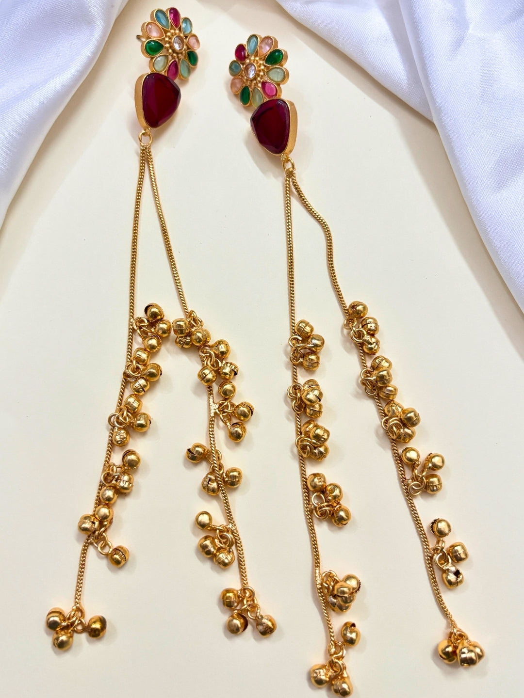 VIVAZS Kashmiri Long Drop Floral Earrings (Red)