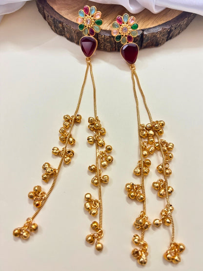 VIVAZS Kashmiri Long Drop Floral Earrings (Red)