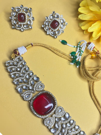 VIVAZS Red Kundan-Studded Cubic Zirconia Golden Necklace Set