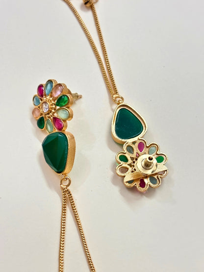 VIVAZS Kashmiri Long Drop Floral Earrings (Green)