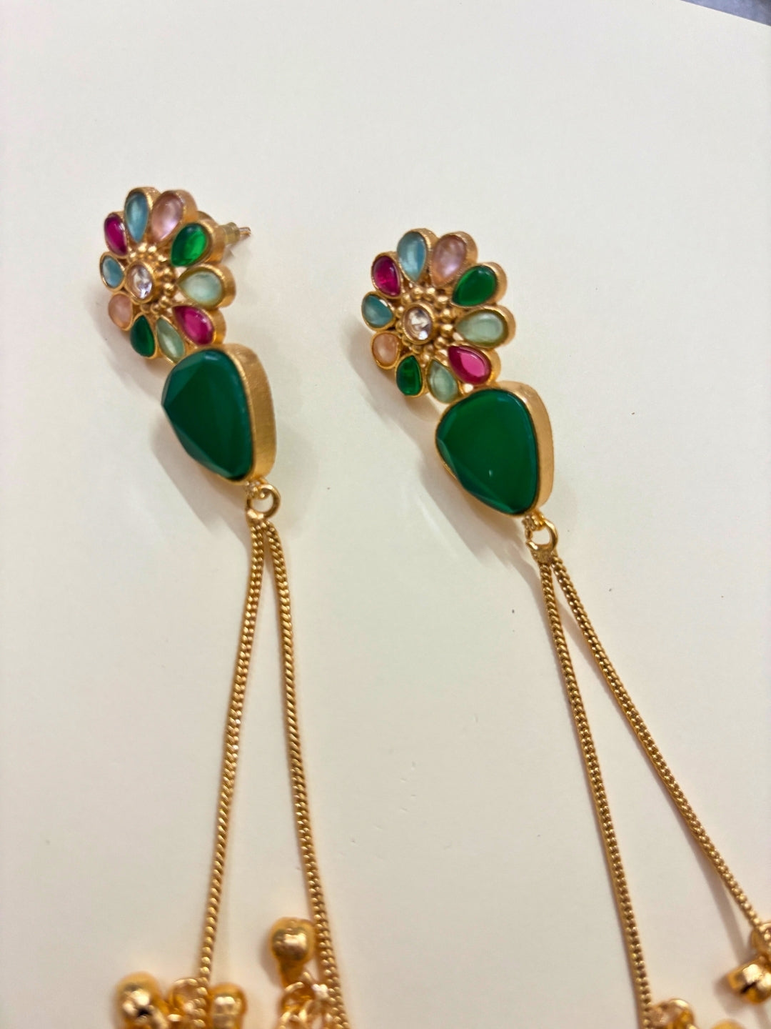 VIVAZS Kashmiri Long Drop Floral Earrings (Green)