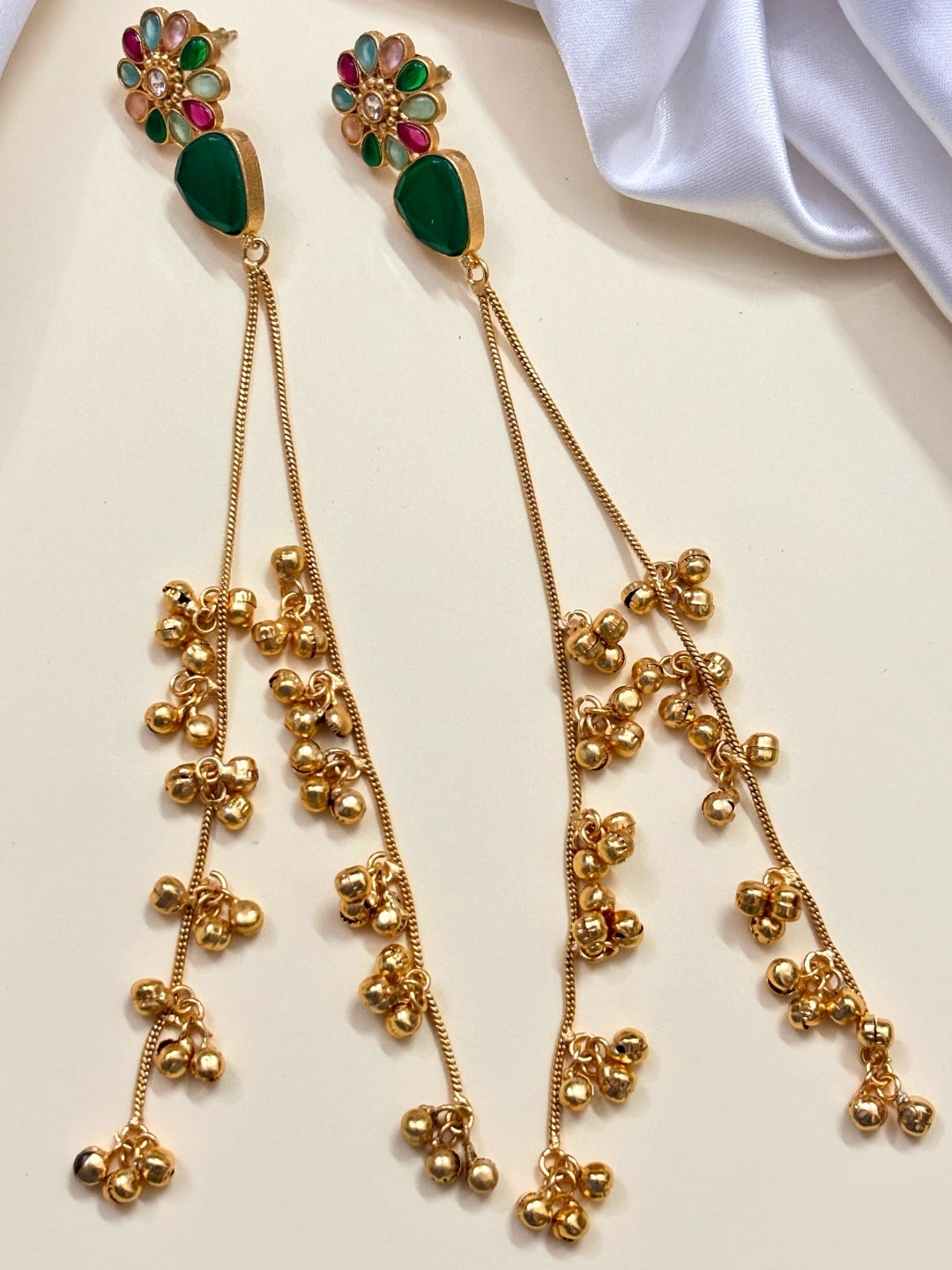 VIVAZS Kashmiri Long Drop Floral Earrings (Green)