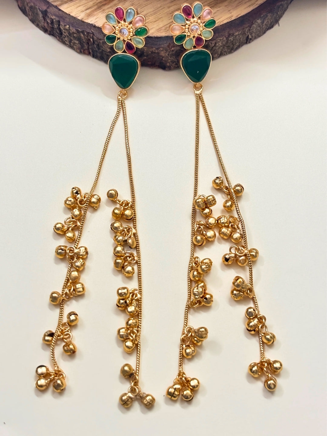 VIVAZS Kashmiri Long Drop Floral Earrings (Green)