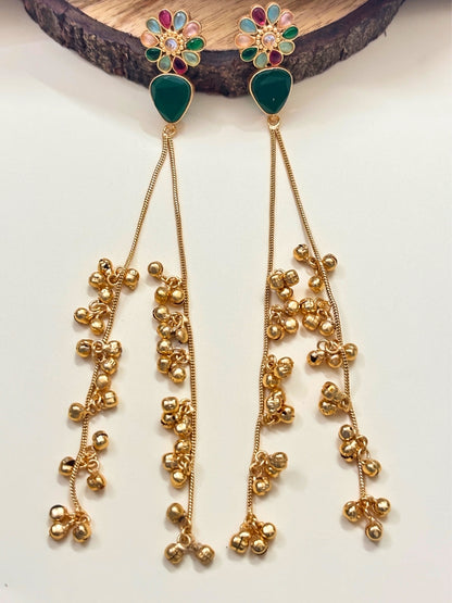 VIVAZS Kashmiri Long Drop Floral Earrings (Green)