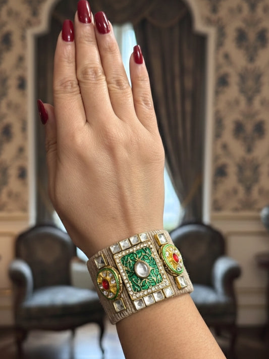 VIVAZS Golden and Red Kundan Adjustable Jute Bracelet