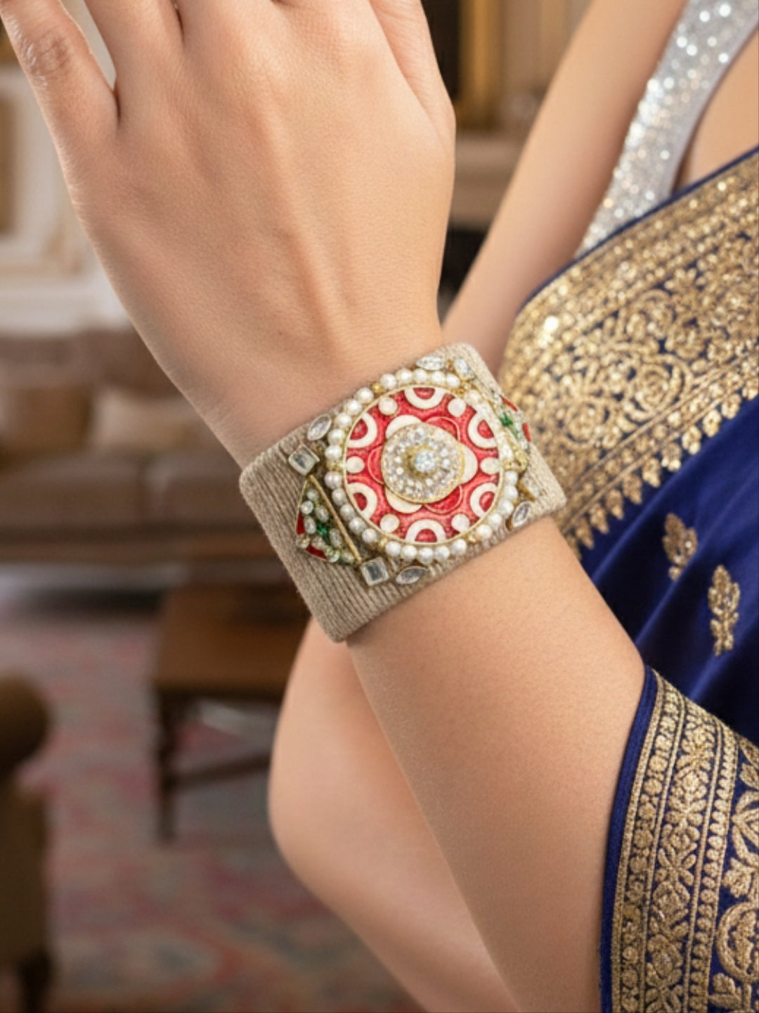 VIVAZS Golden and Red Kundan Adjustable Jute Bracelet