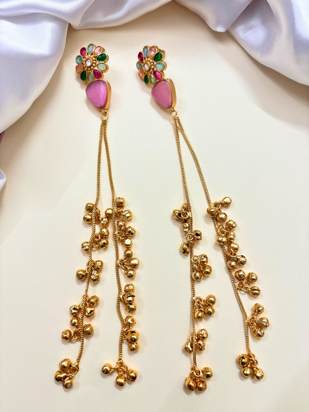 VIVAZS Kashmiri Long Drop Floral Earrings (Pink)