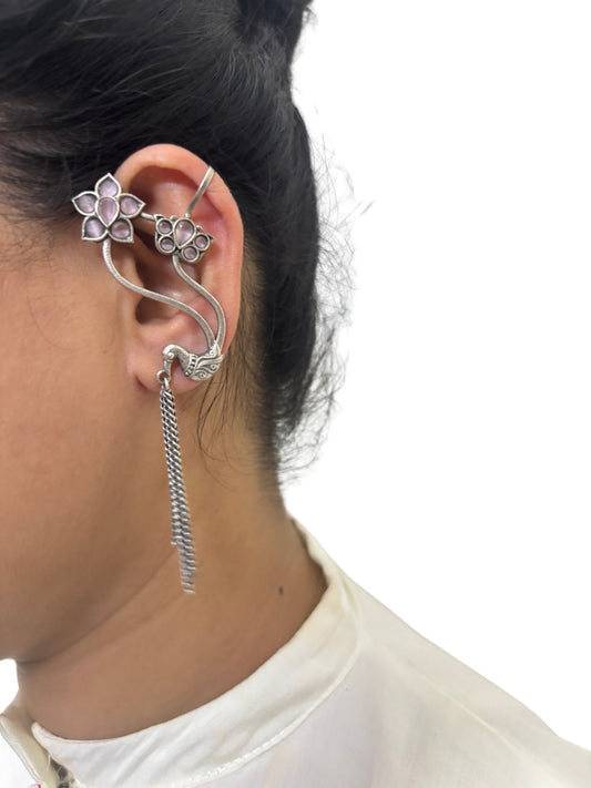 VIVAZS Silver Plated Bird Contemporary Ear Cuff Earrings (Pink)