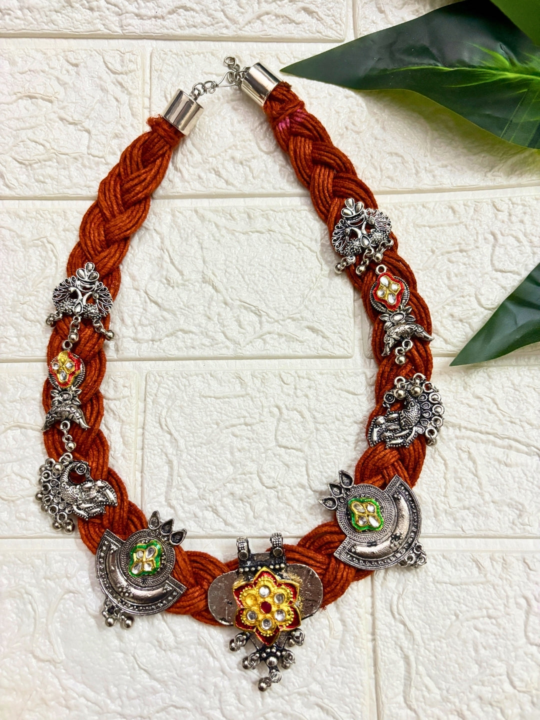VIVAZS Brass And Jute Oxidised Silver Kundan Studded Crochet Necklace (Rust)