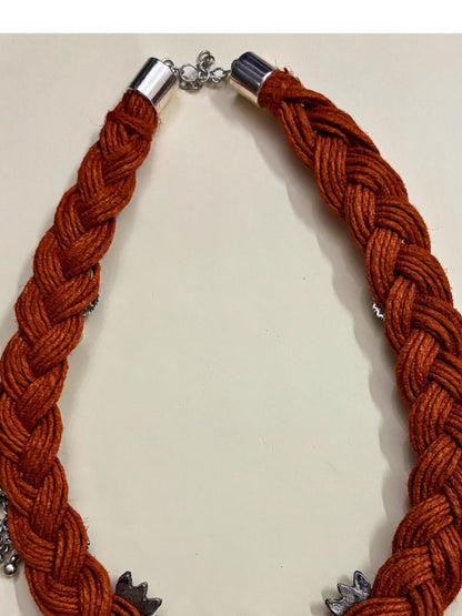 VIVAZS Brass And Jute Oxidised Silver Kundan Studded Crochet Necklace (Rust)