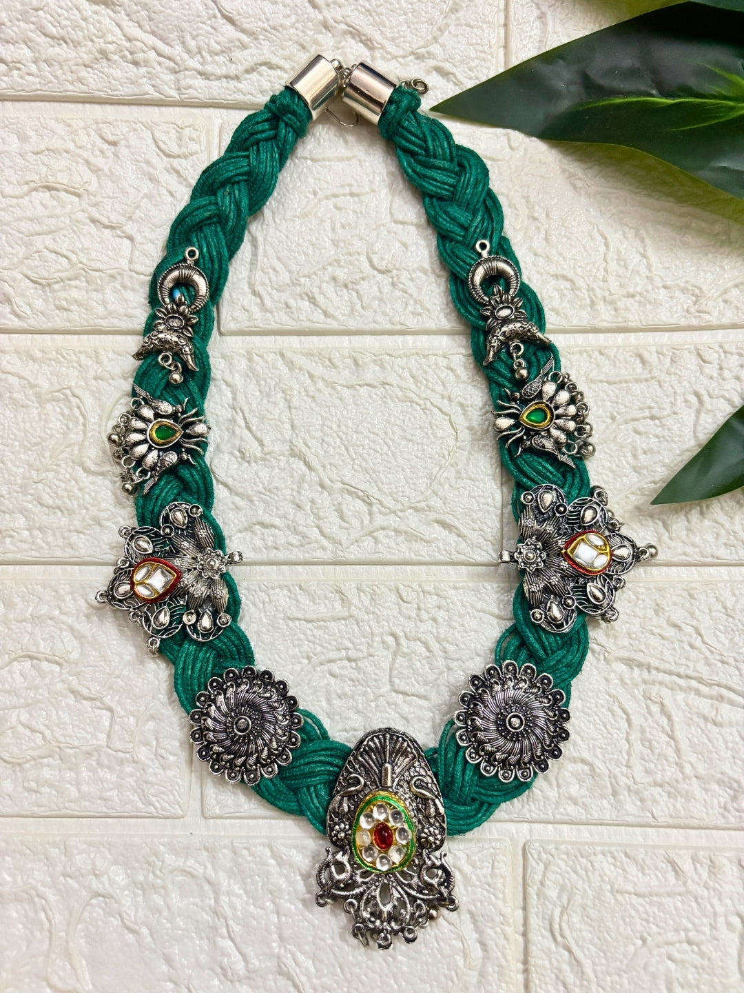 VIVAZS Brass And Jute Oxidised Silver Kundan Studded Crochet Necklace