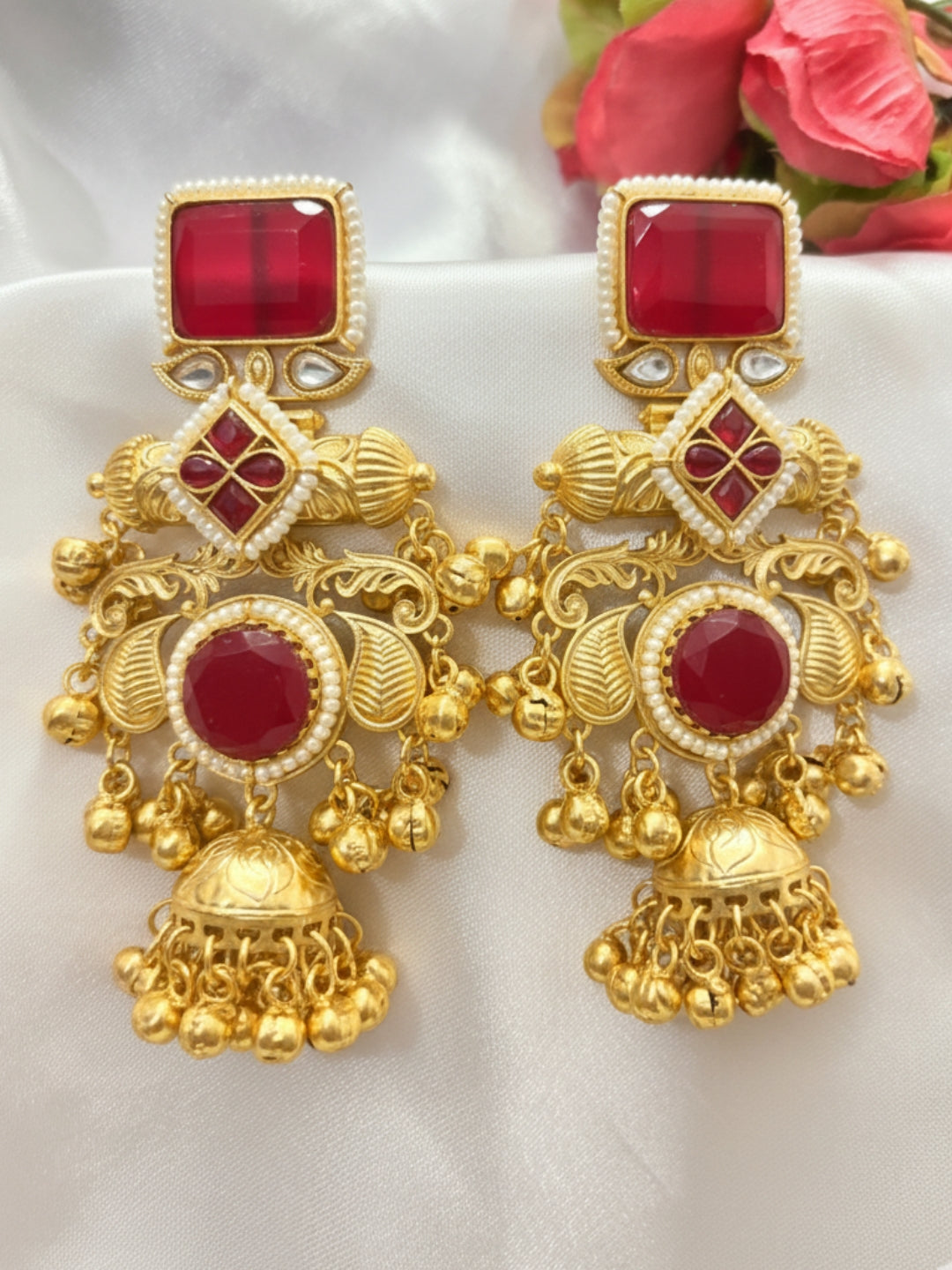 VIVAZS Kashmiri Drop Earrings Jhumkas (Red)