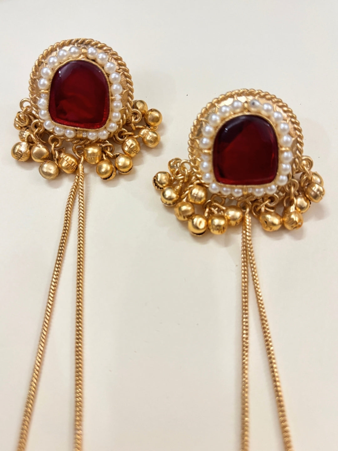 VIVAZS Kashmiri Long Drop Earrings (Red stone)