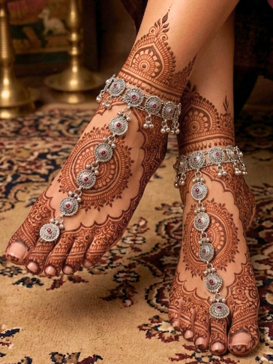 Women Oxidised Silver-Plated Pink Kundan Stone-Studded Anklet with Toe Ring