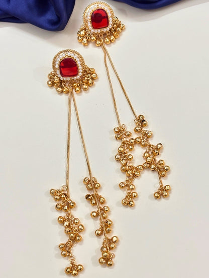 VIVAZS Kashmiri Long Drop Earrings (Red stone)