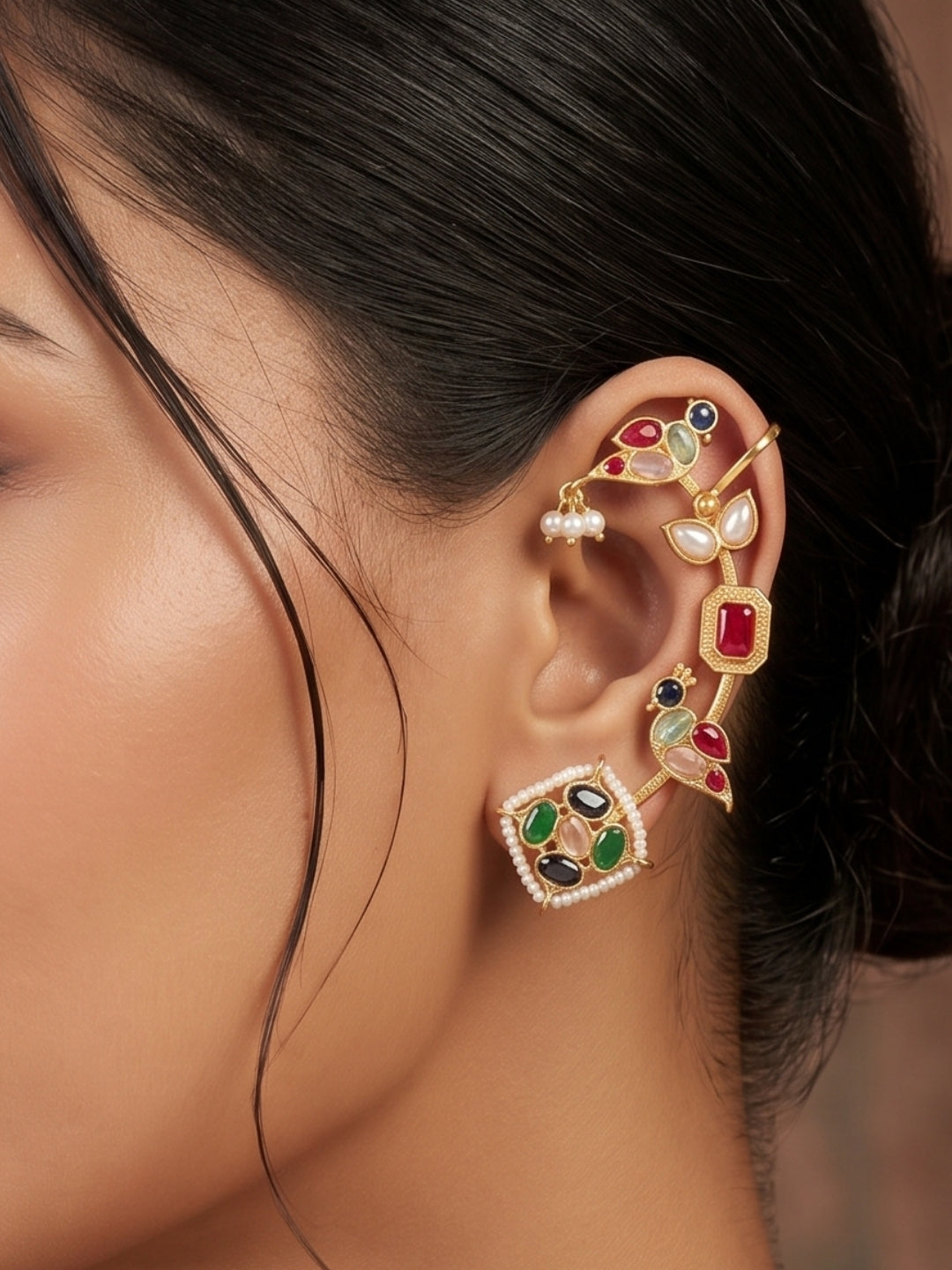 VIVAZS Gold Plated Contemporary Ear Cuff Earrings (Multi color)