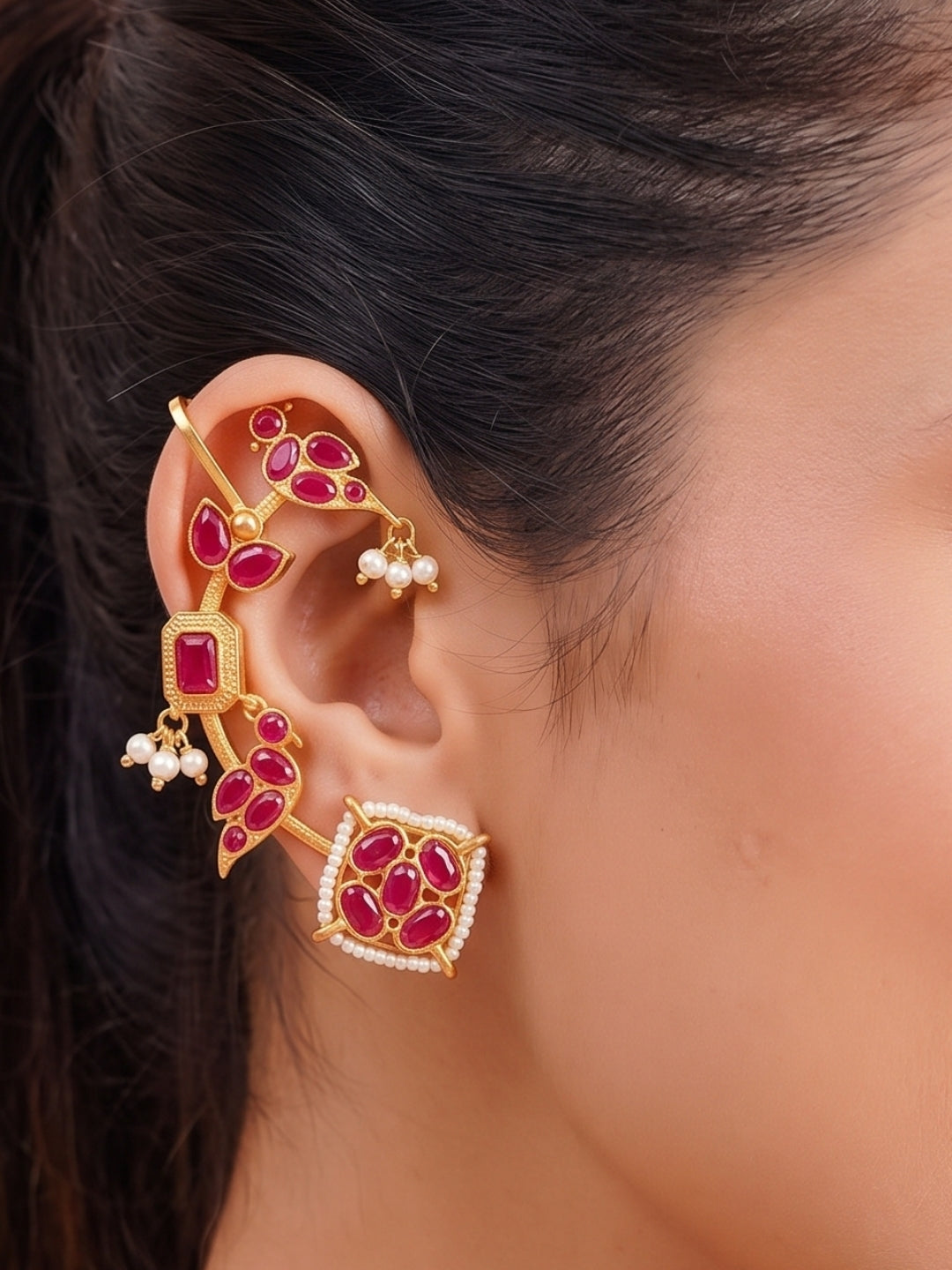 VIVAZS Gold Plated Contemporary Ear Cuff Earrings (Pink)