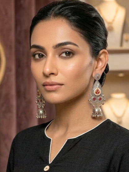 Oxidised Silver Plated Peacock Shaped Jhumkas Earrings