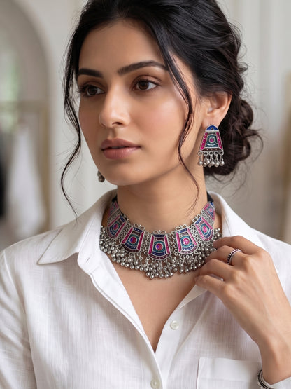 Oxidised Silver-Plated Multicolour Tribal Choker Jewellery Necklace Set