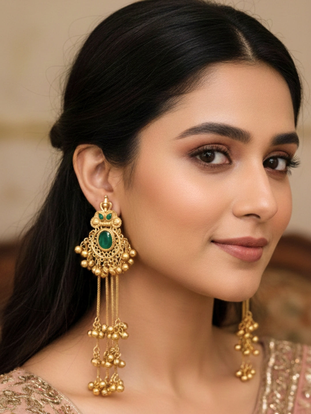 Gold-Plated Kundan & Ghungaroo Beaded Kashmiri Drop Earrings
