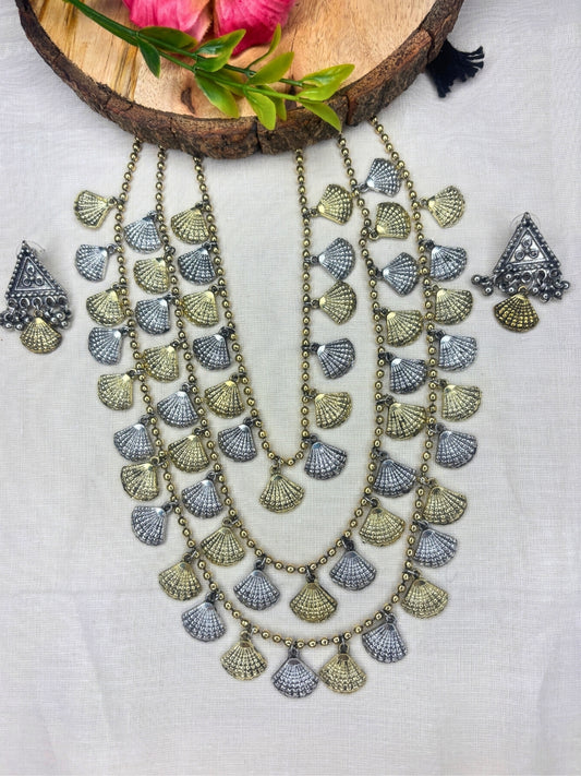 Oxidised Silver Plated Dual-Toned Antique Layered Shell Charm Long Necklace Jewellery Set