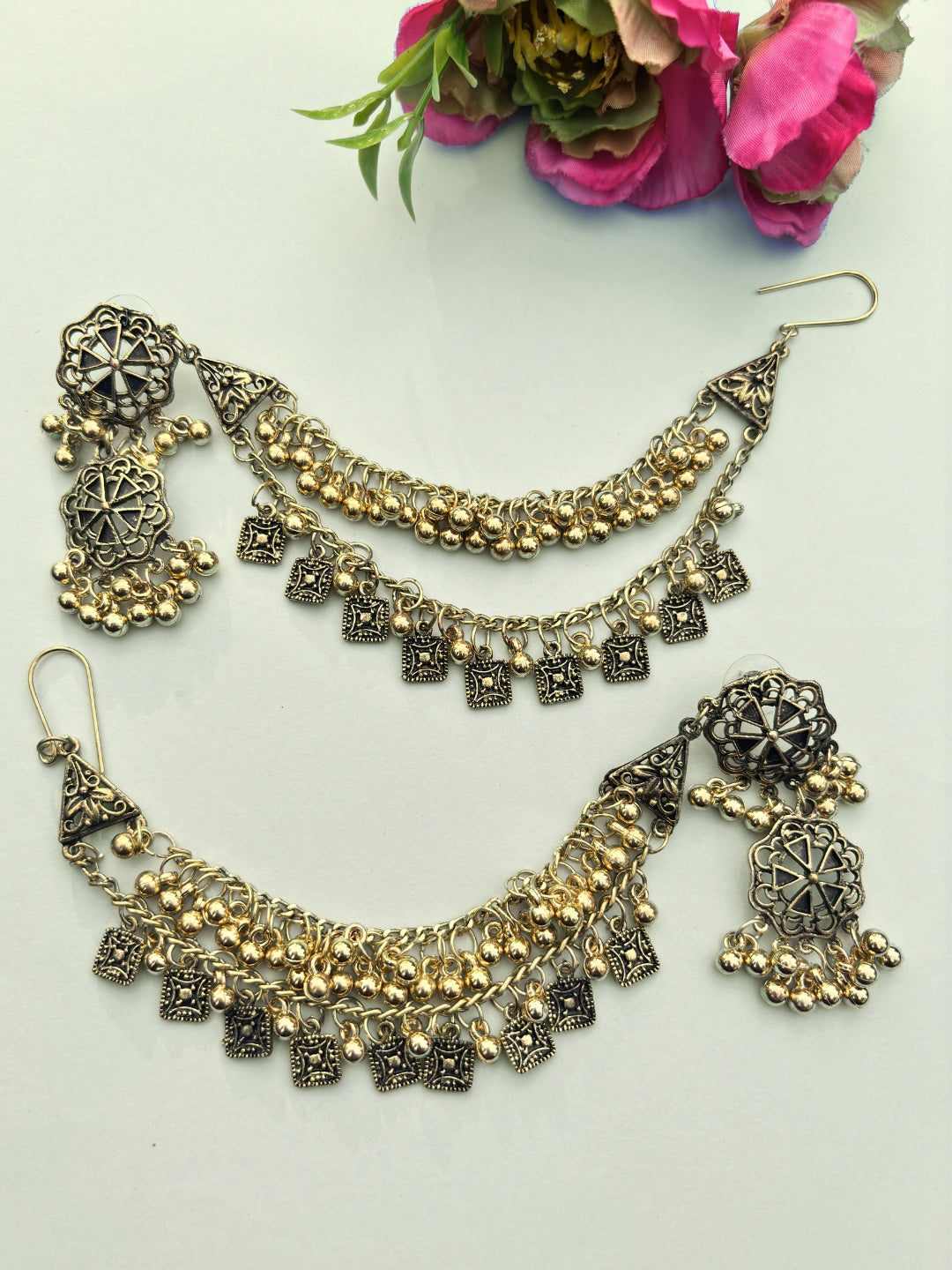 VIVAZS Oxidised Floral Shaped kaanChain Earrings