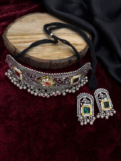Silver-Plated Oxidised Green & Red Stone Choker Necklace Jewellery Set