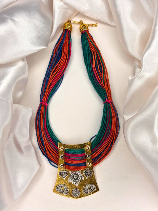 Gold-Plated Oxidised Statement Multi Thread Jute Necklace