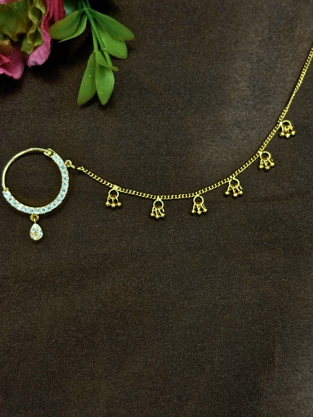 Gold-Plated AD and Cubic Zirconia  chained Adjustable Nosepin Chain (Nath)